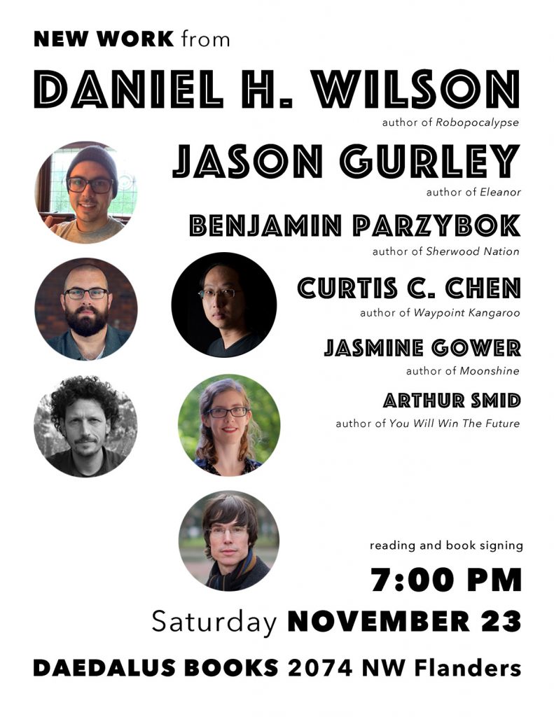 Flyer for book reading at Daedalus Books on November 23rd at 7:00 PM