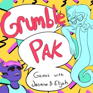 Grumble Pak logo; red text over bright 1990's style geometric patterns