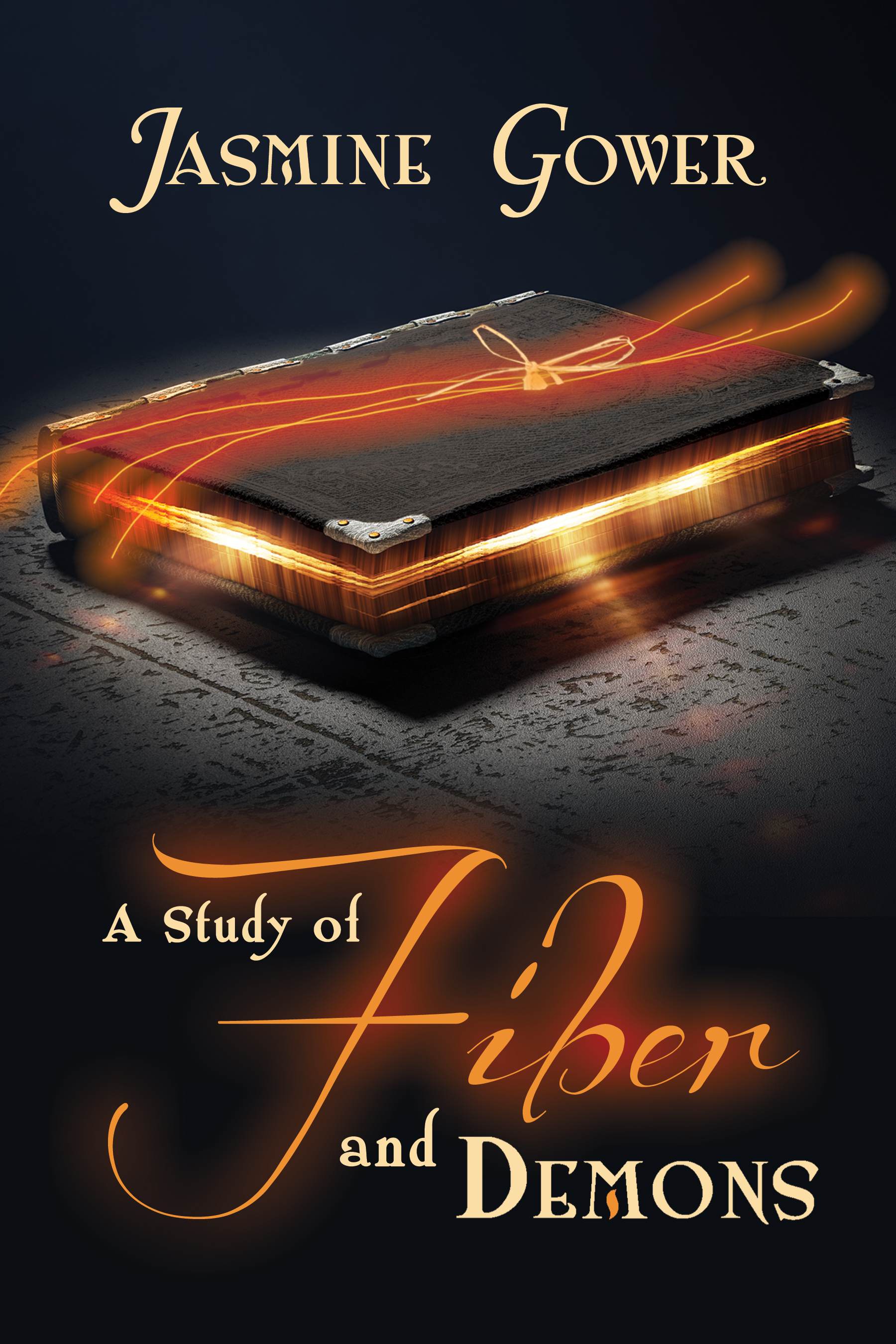 The cover of A STUDY OF FIBER AND DEMONS - a black book with orange light emitting from the pages and a glowing orange thread on top
