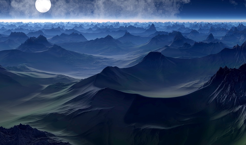 a dark blue landscape illustration of a science fiction planet covered in bare mountains with a bright moon rising in the background